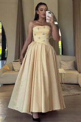 Pale Yellow Satin A Line Prom Dress with Crystal Flower Bodice