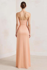Peach Wedding Guest Dress Sheath Chiffon Deep V-Neck Ruched Long Evening Dress