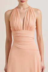 Peach Wedding Guest Dress Sheath Chiffon Deep V-Neck Ruched Long Evening Dress