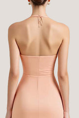 Peach Wedding Guest Dress Sheath Chiffon Deep V-Neck Ruched Long Evening Dress