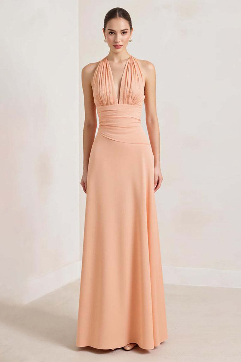 Peach Wedding Guest Dress Sheath Chiffon Deep V-Neck Ruched Long Evening Dress