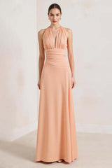 Peach Wedding Guest Dress Sheath Chiffon Deep V-Neck Ruched Long Evening Dress