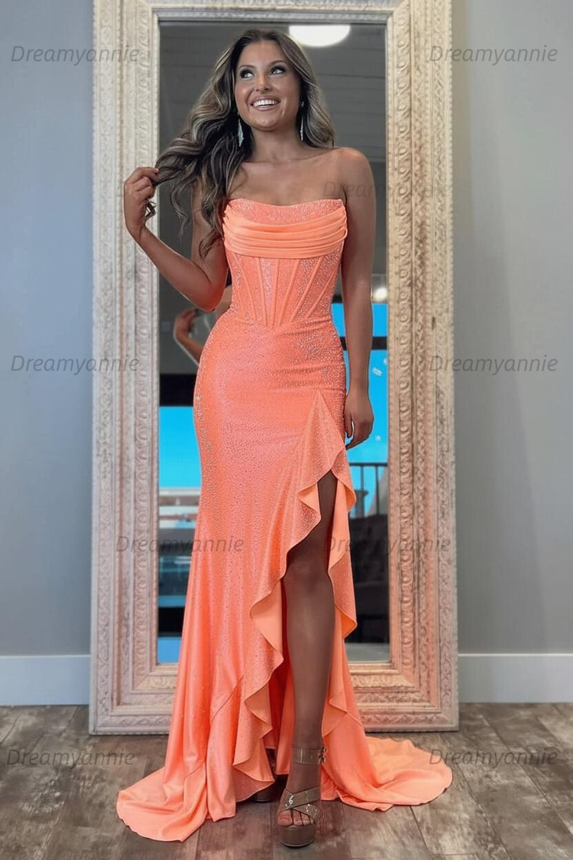 Hot Pink Beaded Prom Dress Strapless Corset Ruffled Evening Dress With Slit