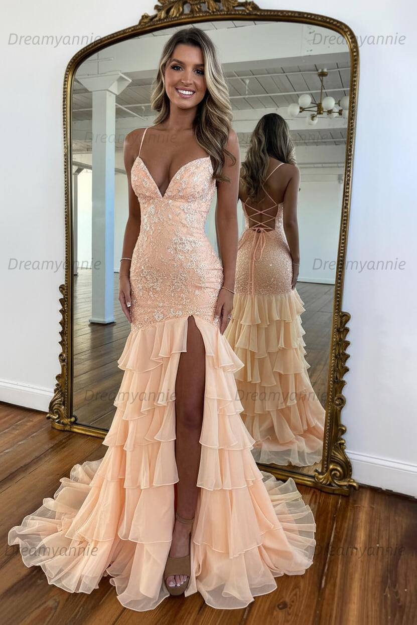 Charming Mermaid Spaghetti Straps Lace Up Long Prom Dress With Ruffle Skirt Formal Evening Gown