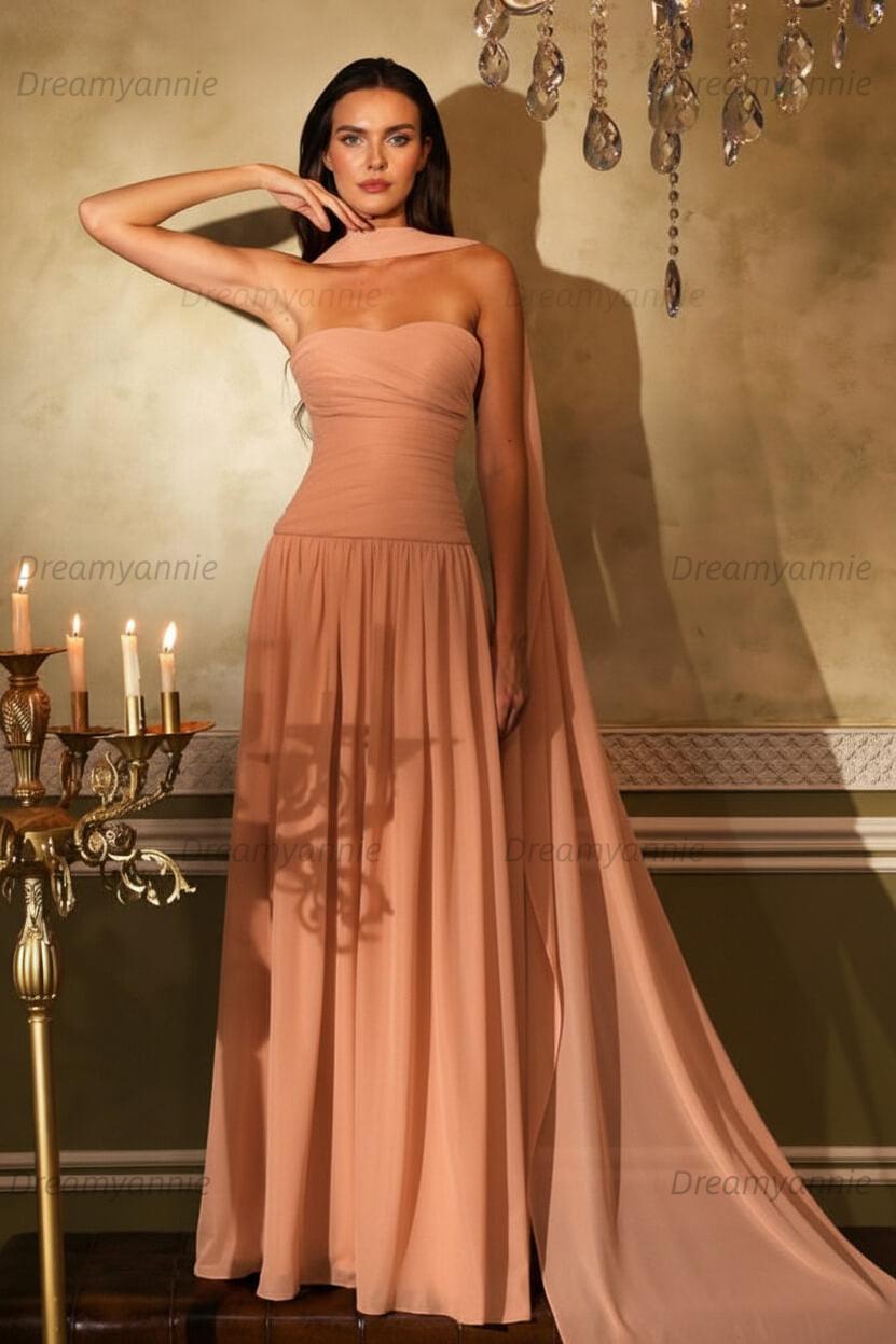 Orange A Line Prom Dress Sleeveless Strapless Evening Dress