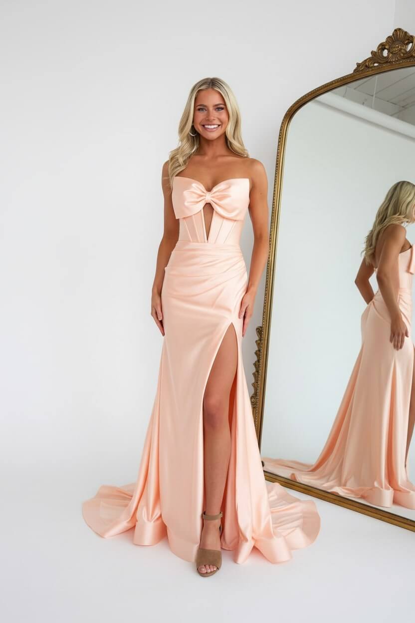 Dreamyannie Corset Red Prom Dress Satin Sweetheart Evening Dress With Slit