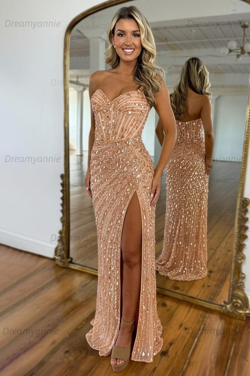 Sweetheart Mermaid Sequined Prom Dress With High Slit Skirt Evening Gown