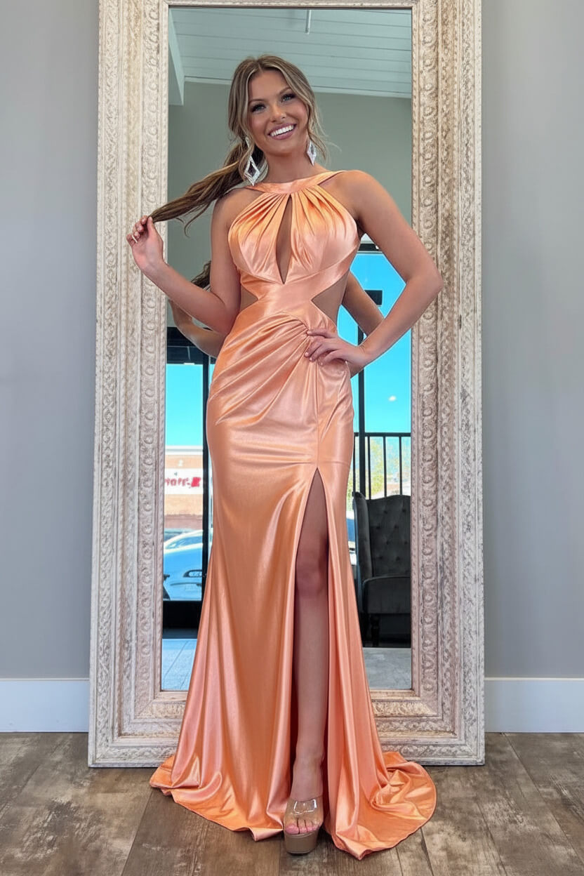 Stylish Fuchsia Metallic Mermaid Prom Dress With Slit And Open Back Formal Evening Gown