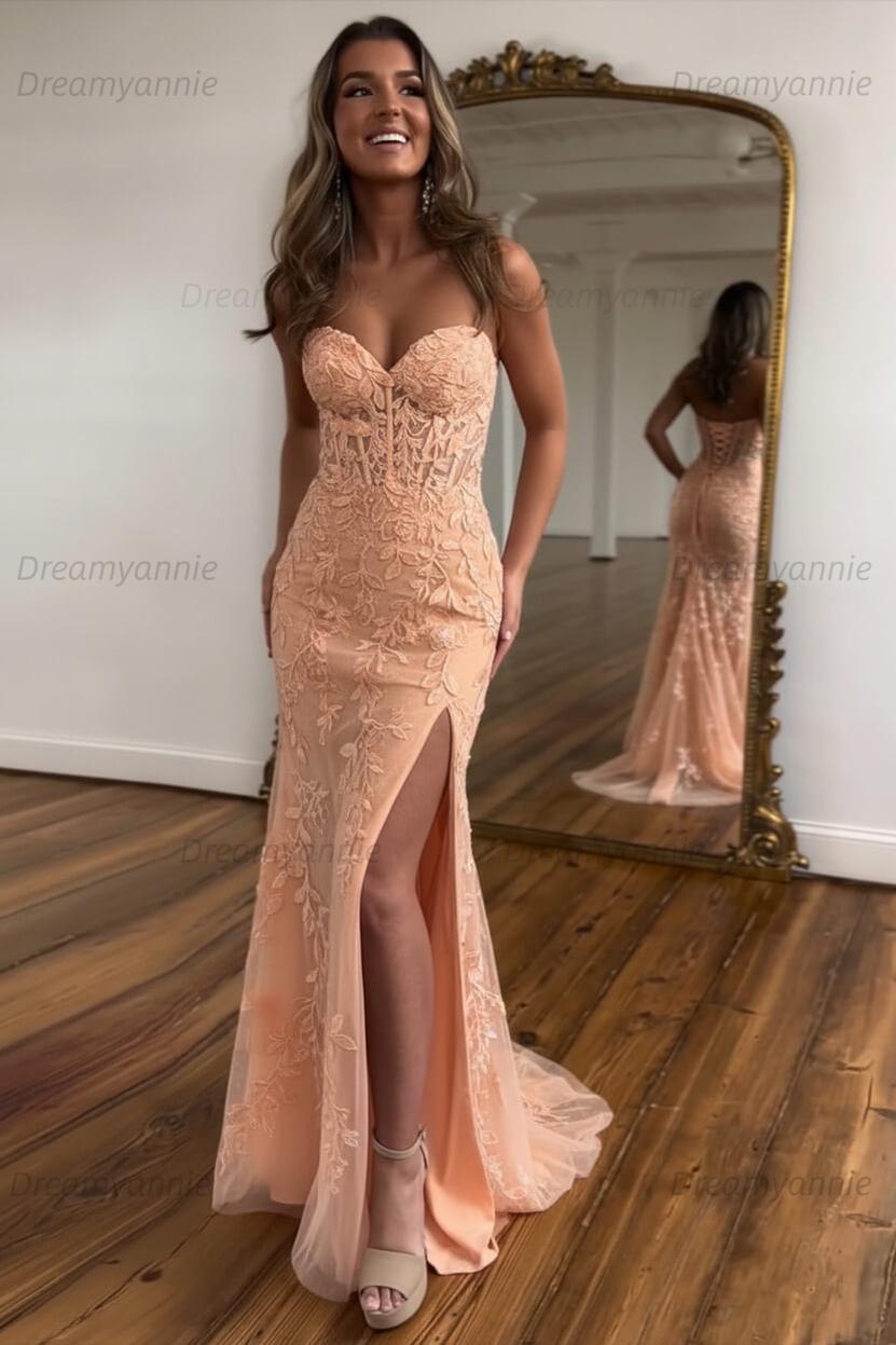 Light Blue Prom Dress Mermaid Sweetheart Corset Long Laced Evening Dress with Slit