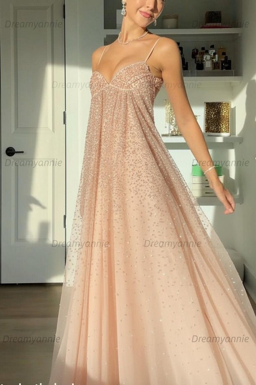 Bling A Line Spaghetti Straps Grey Blue Long Party Dress With Beading Formal Evening Gown
