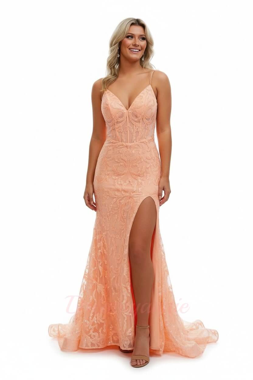 Orange Prom Dress Spaghetti Straps Mermaid Evening Dress