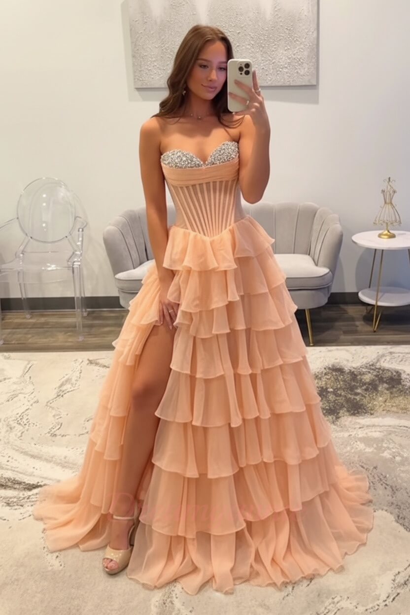 Dreamyannie Ruffled Black Prom Dress A Line Corset Long Formal Dress With Beadings