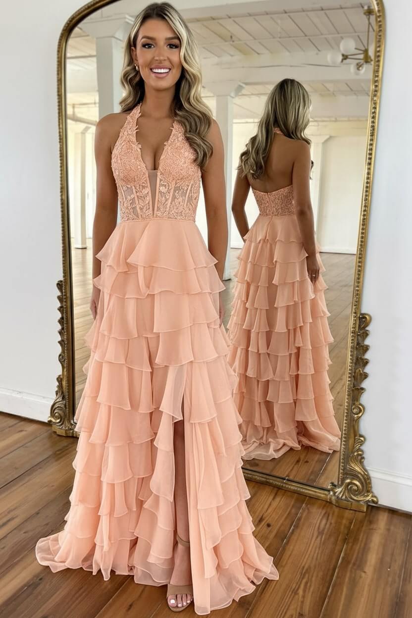 Dreamyannie Sky Blue Prom Dress Ruffled Halter Corset Evening Dress With Slit