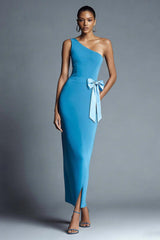 Peacock Blue Bodycon One Shoulder Long Prom Dress With Bow