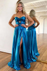 A Line Purple Prom Dress Sweetheart Metallic Pleated Long Evening Dress with Slit