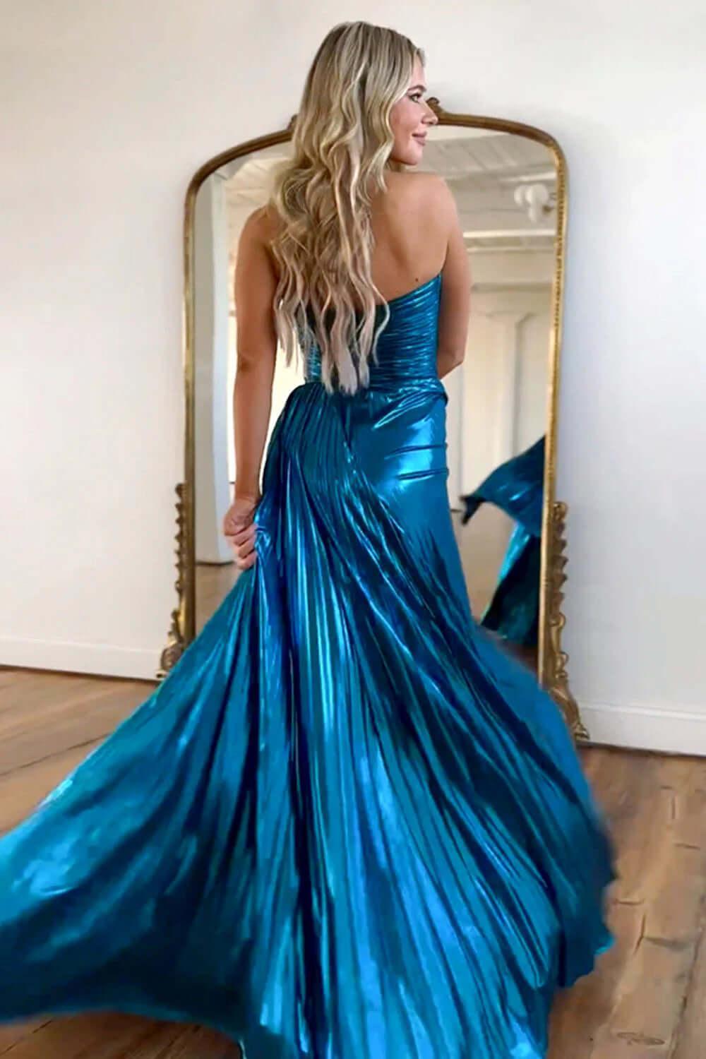 A Line Purple Prom Dress Sweetheart Metallic Pleated Long Evening Dress with Slit
