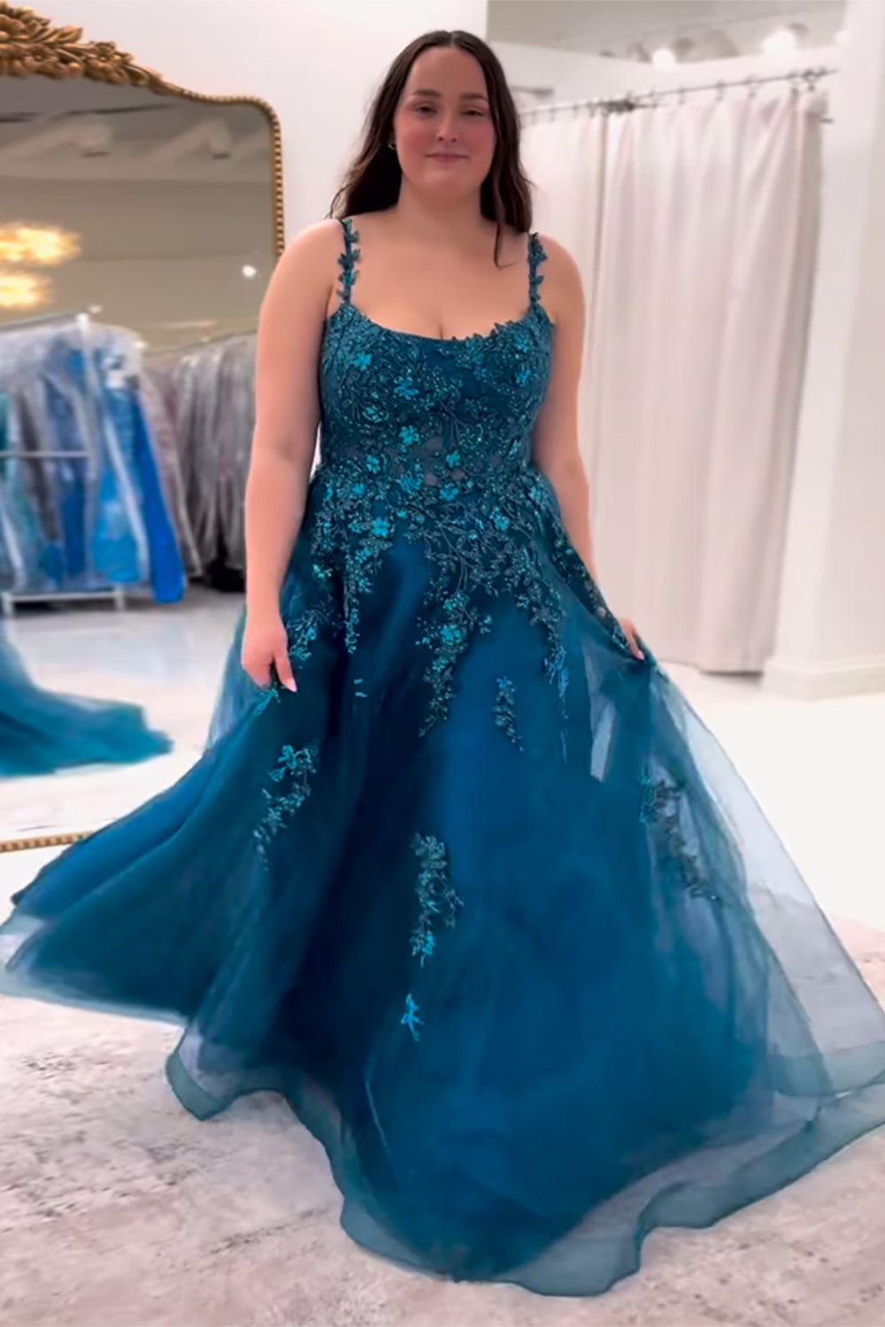 Peacock Blue Prom Dress A Line Appliqued Tulle Long Formal Dress With Slit