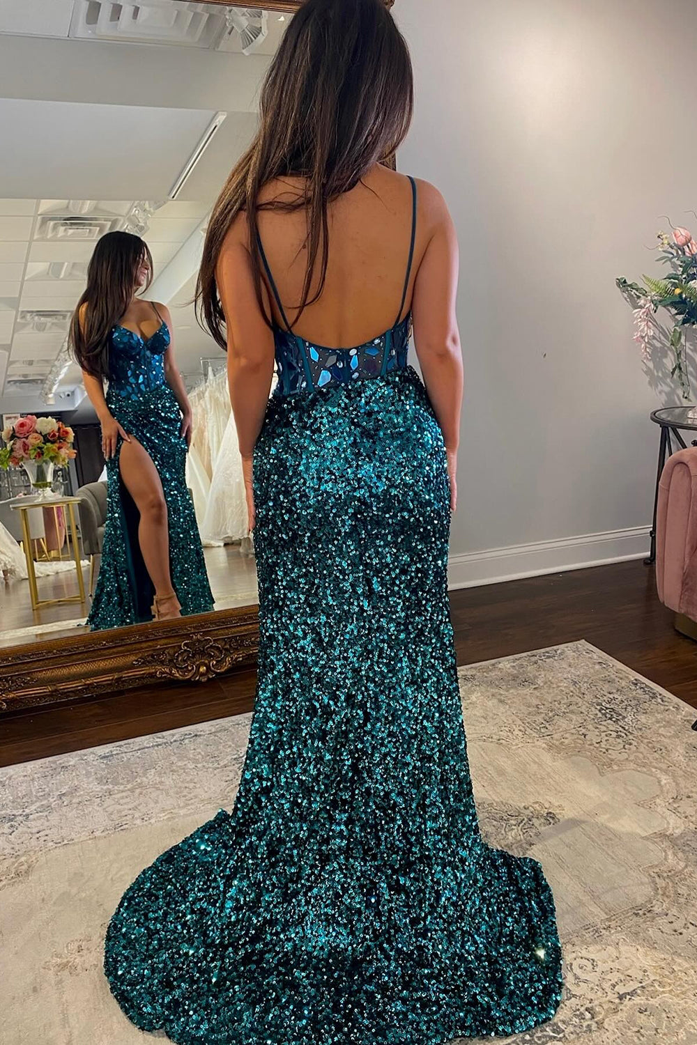 peacock blue prom dress Peacock Blue Prom Dress Mirror Long Sequined Evening Dress with Slit – Dreamyannie UK