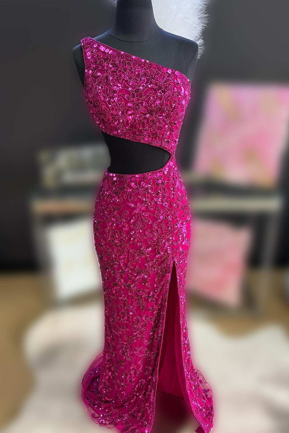 Peacock Blue Prom Dress Sequined Mermaid One Shoulder Long Evening Dress with Slit