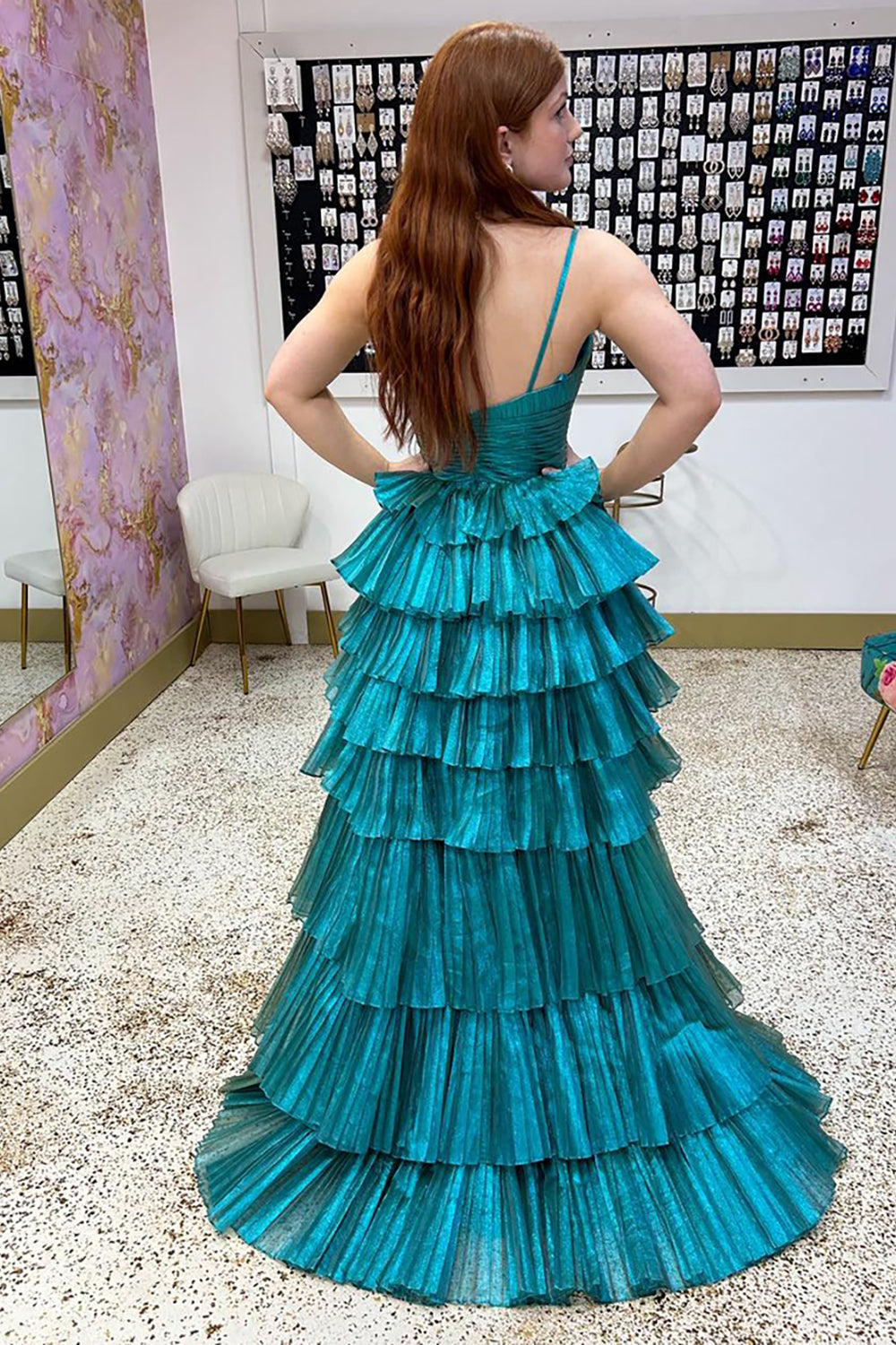 Peacock Green Prom Dress A Line High-Low Ruffled Long Formal Dress