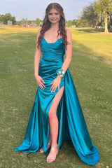 Peacock Green Prom Dress Sheath Sweetheart Long Evening Dress with Split Front