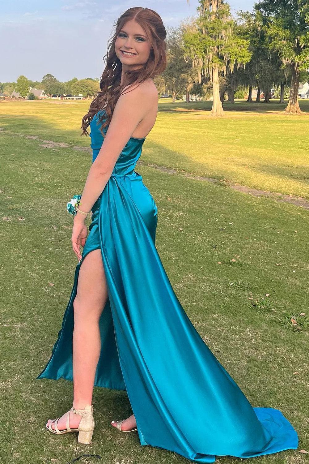 Peacock Green Prom Dress Sheath Sweetheart Long Evening Dress with Split Front