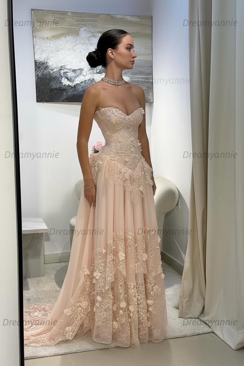 Yellow Lace A Line Prom Dress Sweetheart Lace Appliqued Formal Evening Dress with 3D Flowers