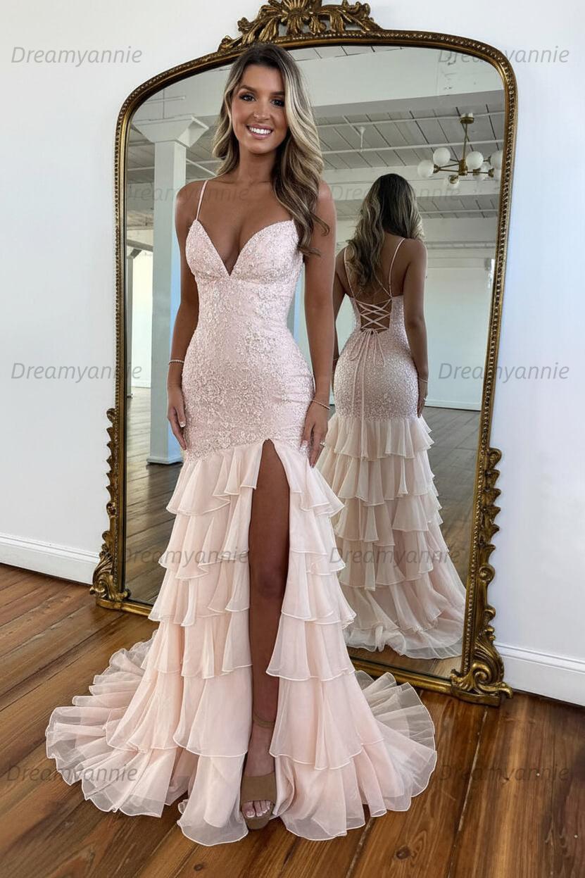 Charming Mermaid Spaghetti Straps Lace Up Long Prom Dress With Ruffle Skirt Formal Evening Gown