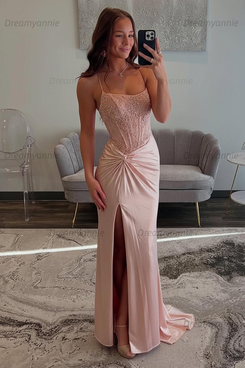 Dreamyannie Red Prom Dress Spaghetti Straps Ruhed Long Lace Formal Dress With Appliques