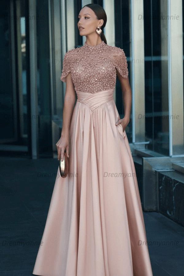 Green A Line Prom Dress Short Sleeve High Neck Beaded Evening Dress