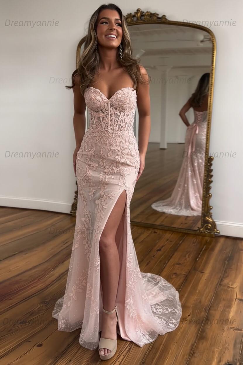 Light Blue Prom Dress Mermaid Sweetheart Corset Long Laced Evening Dress with Slit