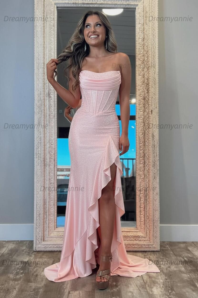 Hot Pink Beaded Prom Dress Strapless Corset Ruffled Evening Dress With Slit