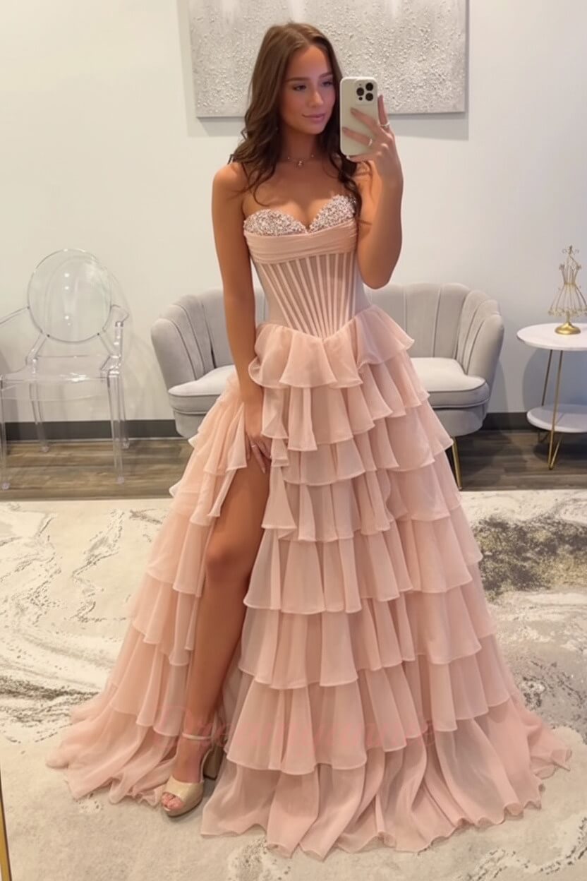 Dreamyannie Ruffled Black Prom Dress A Line Corset Long Formal Dress With Beadings