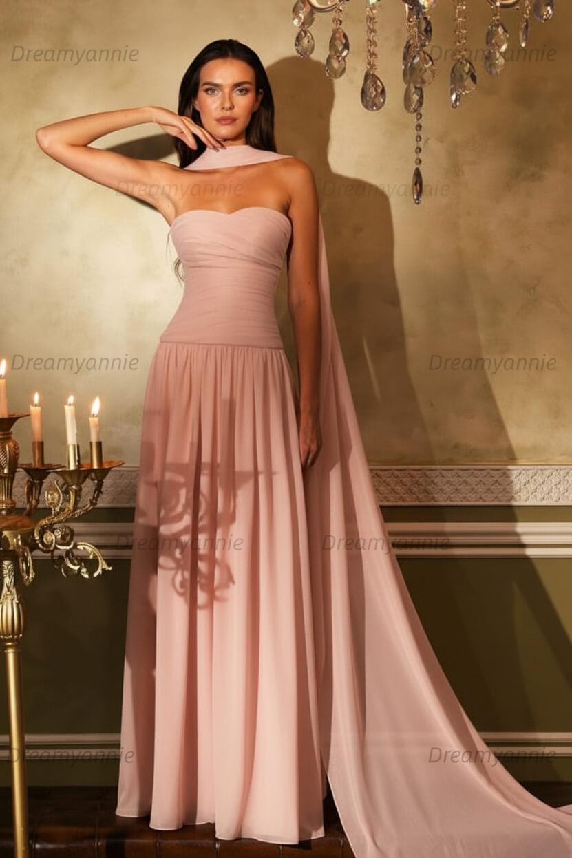 Orange A Line Prom Dress Sleeveless Strapless Evening Dress