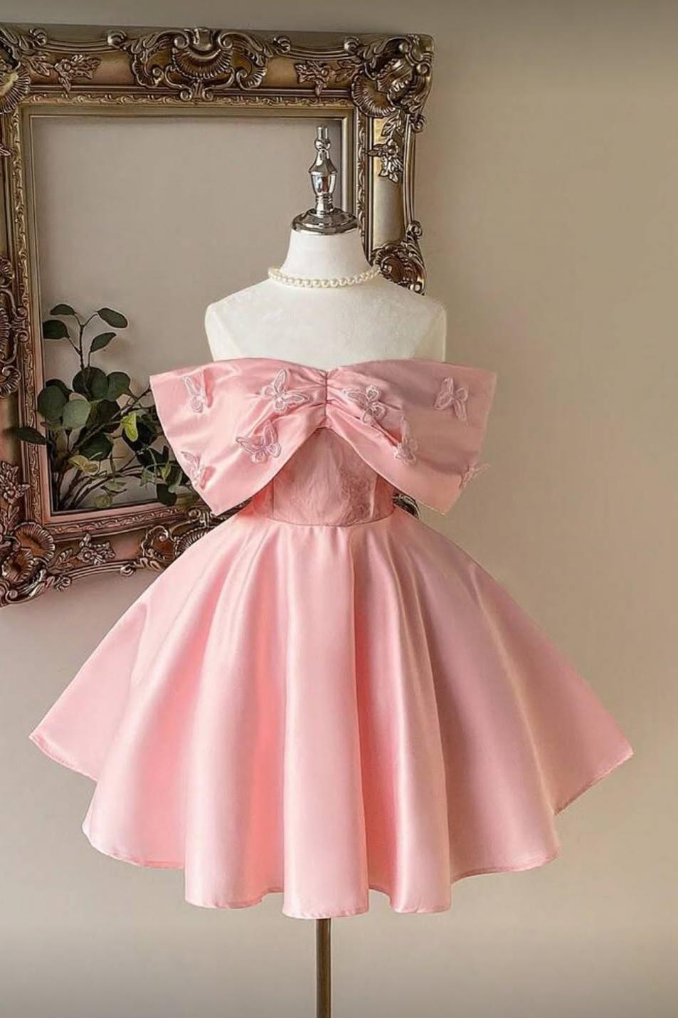 Pink A Line Graduation Dress Sleeveless Strapless Short Cocktail Dress With 3D Flowers