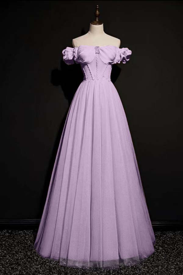 Pink A Line Off the Shoulder Prom Dress Beaded Evening Dress