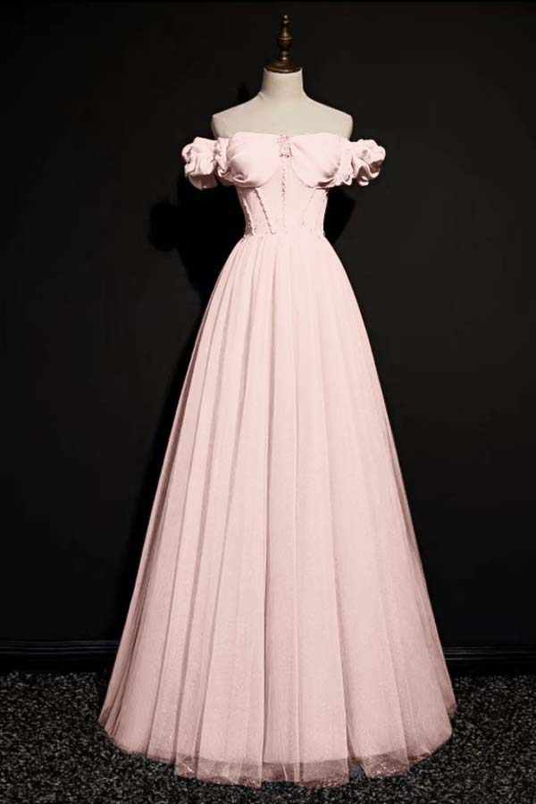 Pink A Line Off the Shoulder Prom Dress Beaded Evening Dress