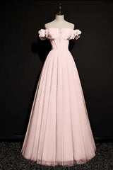 Pink A Line Off the Shoulder Prom Dress Beaded Evening Dress