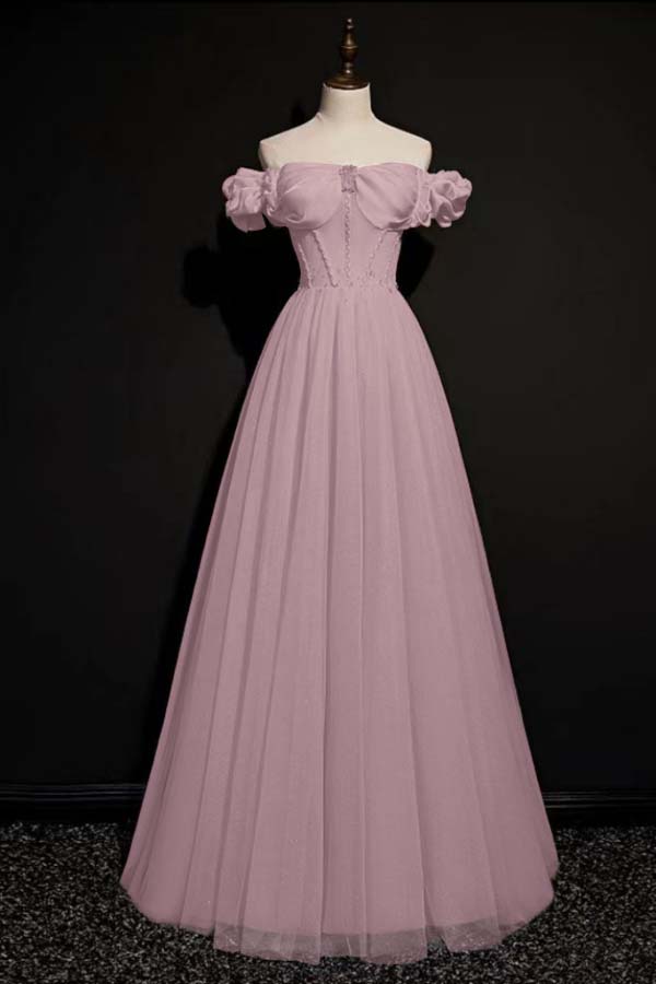 Pink A Line Off the Shoulder Prom Dress Beaded Evening Dress
