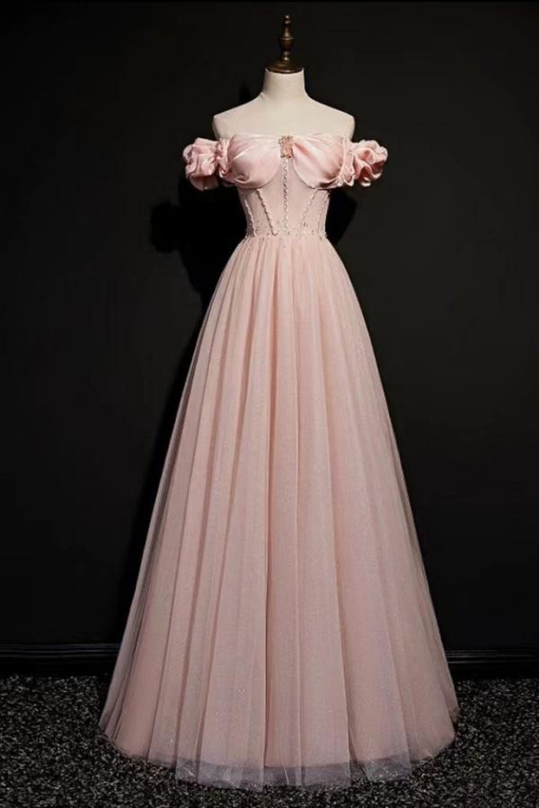 Pink A Line Off the Shoulder Prom Dress Beaded Evening Dress