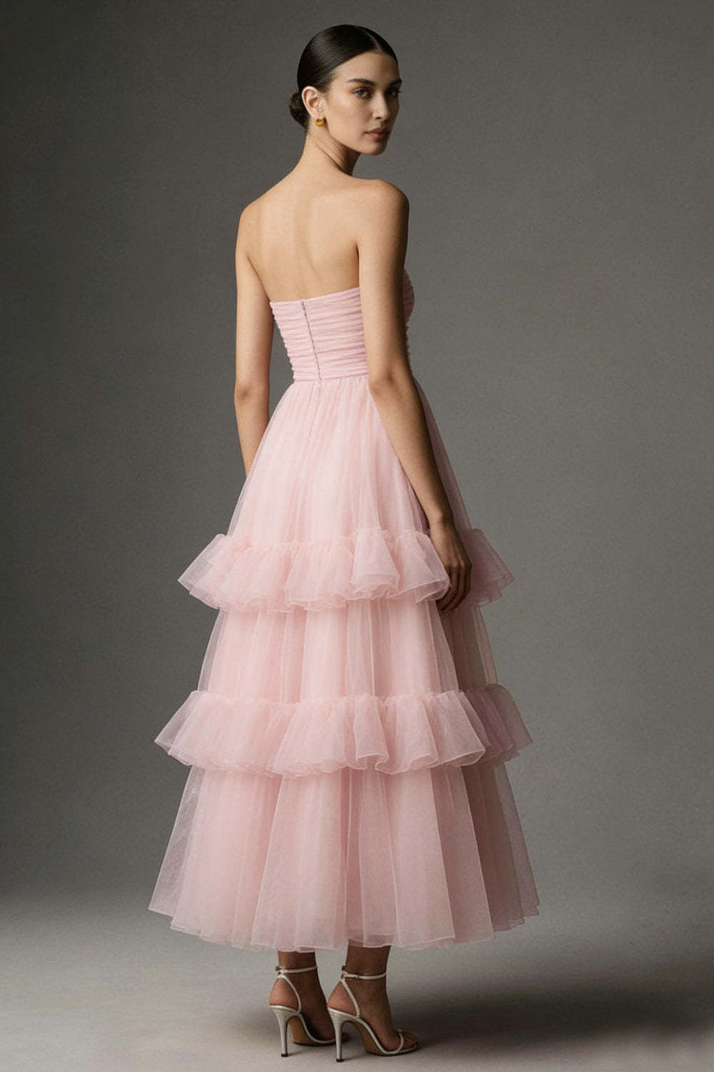 Pink A Line Organza Strapless Ruffled Long Prom Dress