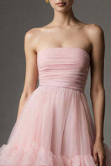 Pink A Line Organza Strapless Ruffled Long Prom Dress