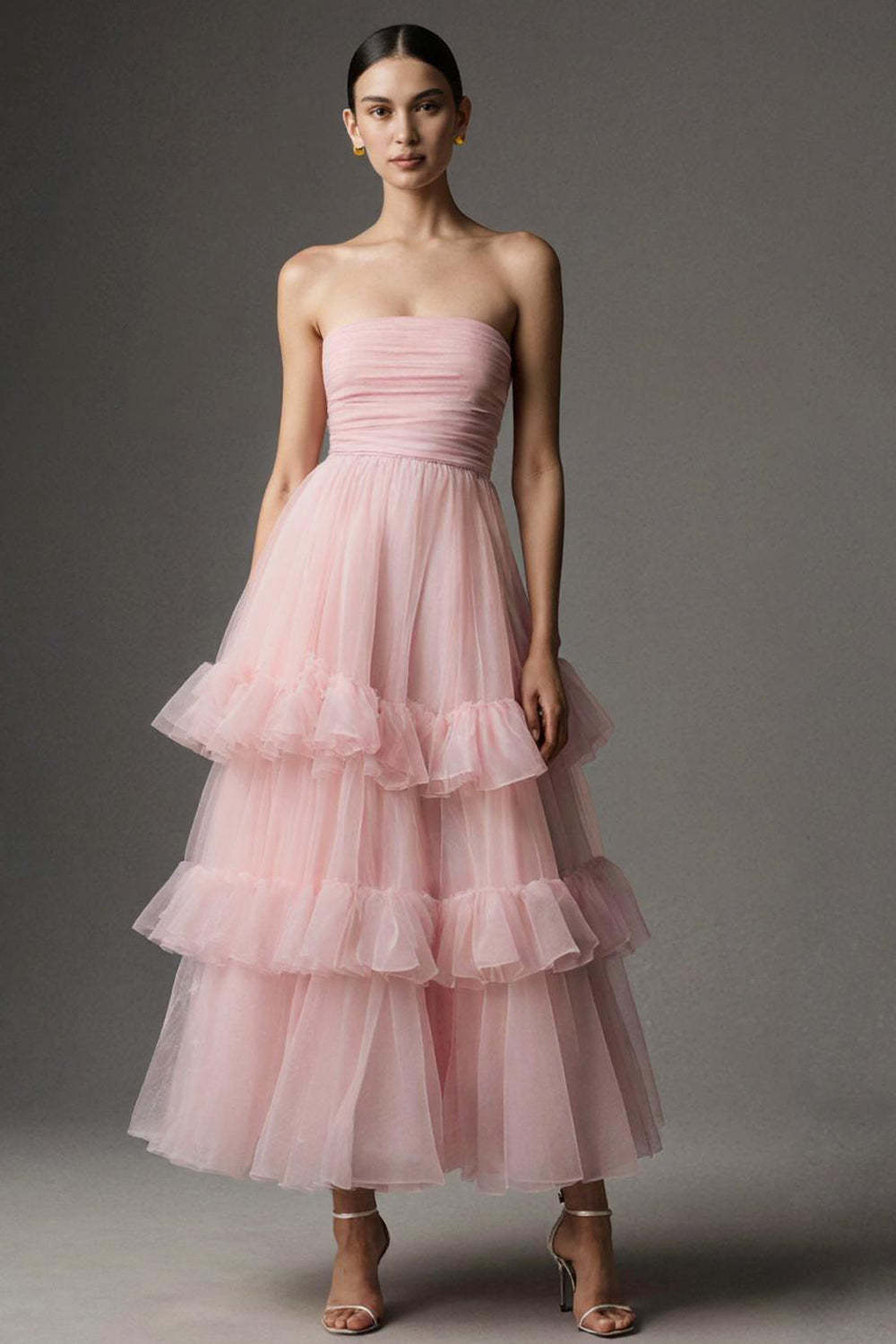 Pink A Line Organza Strapless Ruffled Long Prom Dress