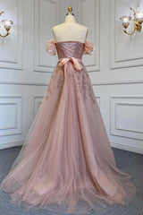 Pink A Line Prom Dress Beaded Off the Shoulder Evening Dress