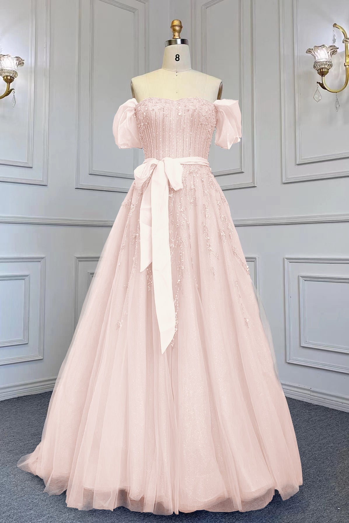 Pink A Line Prom Dress Beaded Off the Shoulder Evening Dress