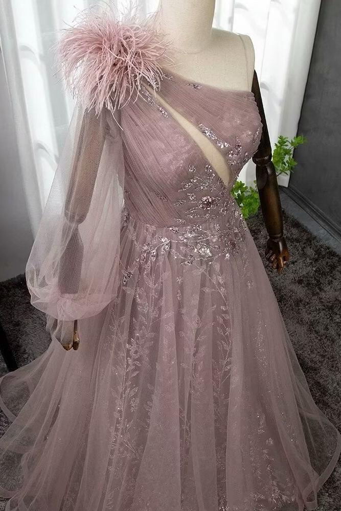 Pink A Line Prom Dress Long Sleeve One Shoulder Evening Dress With Lace Appliques