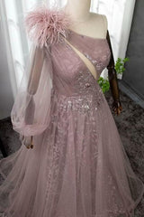 Pink A Line Prom Dress Long Sleeve One Shoulder Evening Dress With Lace Appliques