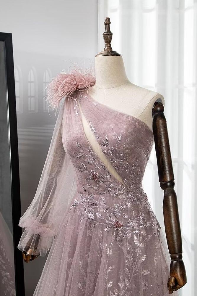 Pink A Line Prom Dress Long Sleeve One Shoulder Evening Dress With Lace Appliques