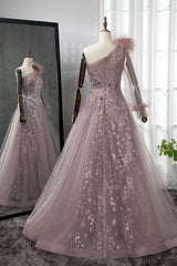 Pink A Line Prom Dress Long Sleeve One Shoulder Evening Dress With Lace Appliques
