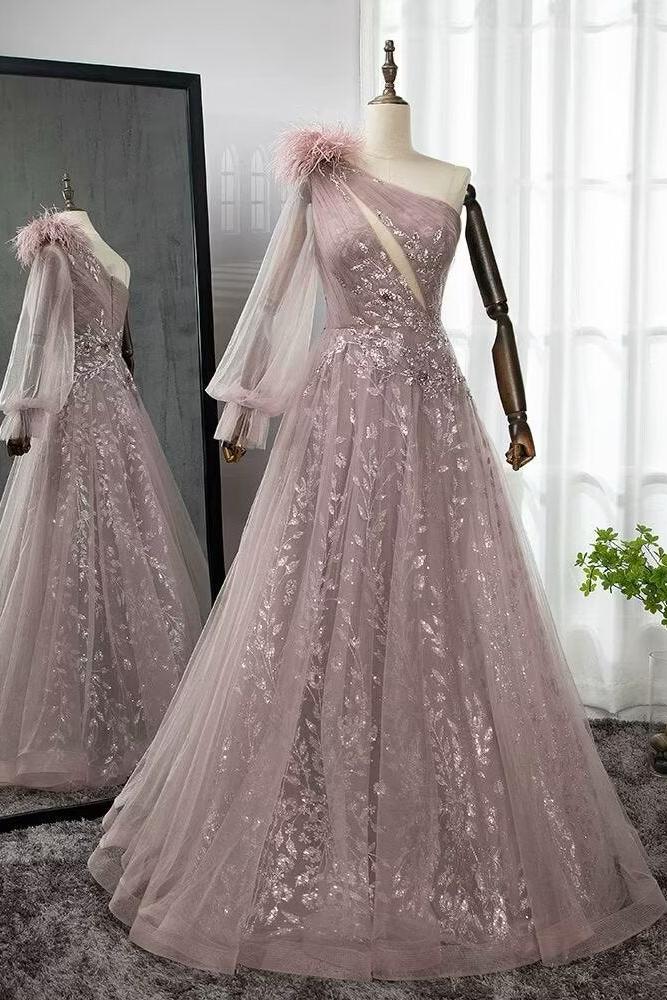 Pink A Line Prom Dress Long Sleeve One Shoulder Evening Dress With Lace Appliques